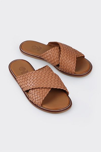 Elle Shoes Tan Leather Women's Flat Slippers