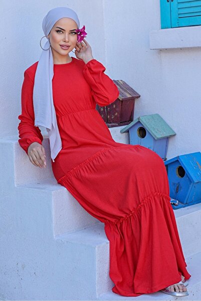 Bestenur Red Talya Wrapped Hijab Dress - 864