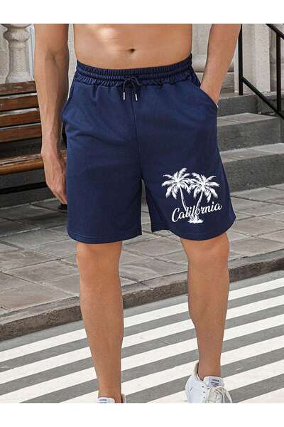 MODARİCH Σορτς California Palm - Πλεκτό ψηλόμεσο με μπλε στάμπα με τσέπες