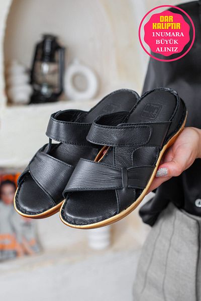 Adım Adım Women's Genuine Leather Orthopedic Flip Flops Black Slippers