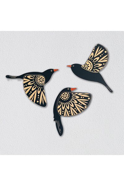 CajuArt Decorative Triple Patterned Birds Wooden Wall Painting Decor Ornament