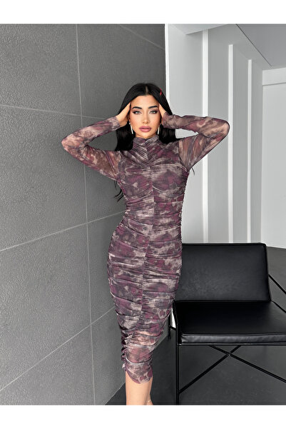 blue ashley Drapeli Midi Tül Elbise