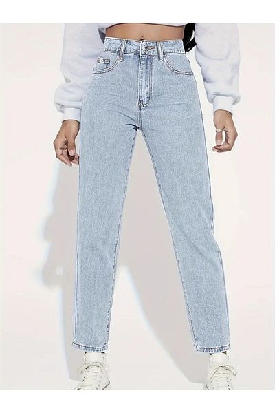 MAKRAS EXCLUSIVE Angerta Ice Blue High Waist Lycra Mom Jean - Five Pockets Snow Washed