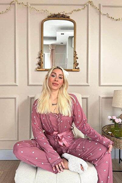 Pijamaevi Rózsaszín mini szívmintás női pizsama szett bambusz pongyolával