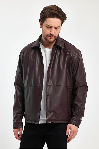 Black Level Men's Waterproof Leather Shirt - Snap Closure, 2 Side Pockets, Casual Jacket