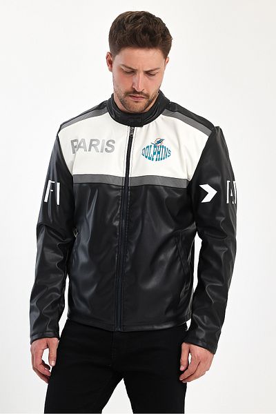 Black Level Ανδρικό μπουφάν Biker Biker Oversize - Παλτό Racer College με ρίγες και φερμουάρ