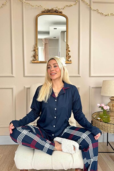 Pijamaevi Lacivert Ekose Desenli Bambu Önden Düğmeli Uzun Kol Kadın Pijama Takımı