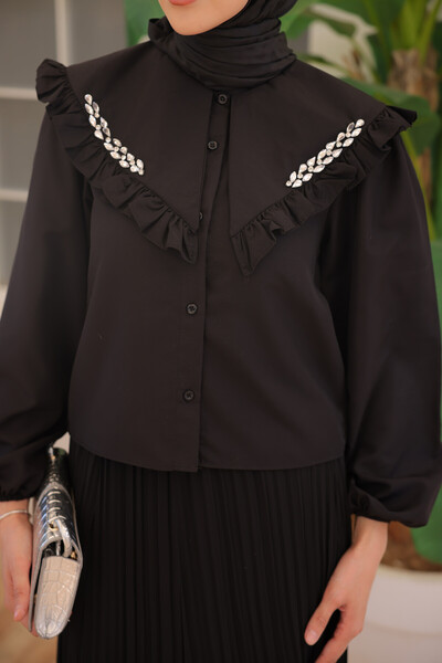 benguen 2070 Short Shirt with Stone Detail on the Collar Black