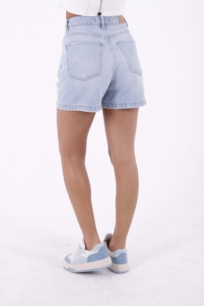 RICHMOST Yıpratma Detaylı Cepli ve Astarsız Kısa Boy Yüksek Belli Mom Fit Kadın Şort Buz Mavi Yaz / Bahar