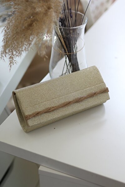 Moom Bag Women's Gold Glittery Auger Stripe Portfolio Evening Dress Bag