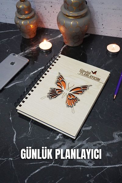 markcat Caiet de planificare din lemn cu design fluture - Agenda nedatat - Planificator zilnic (CAIET DE PLANIFICARE) A5