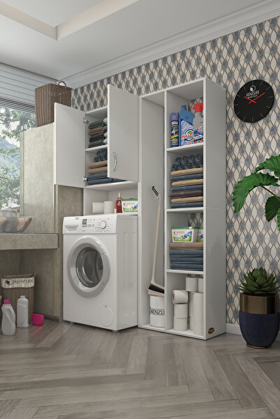 Kenzlife Çamaşır Makinesi Dolabı Sinemsüpürge Byz 180*126*30 Banyo Kapaklı Arkalıklı Raflı