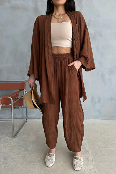 Ortaya Çık Σετ κιμονό καφέ Seersucker