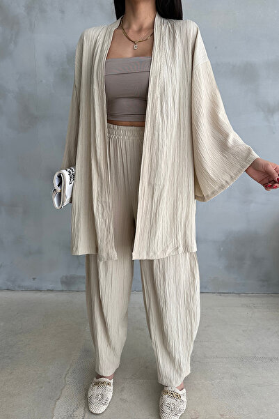 Ortaya Çık Σετ κιμονό σε μπεζ Seersucker