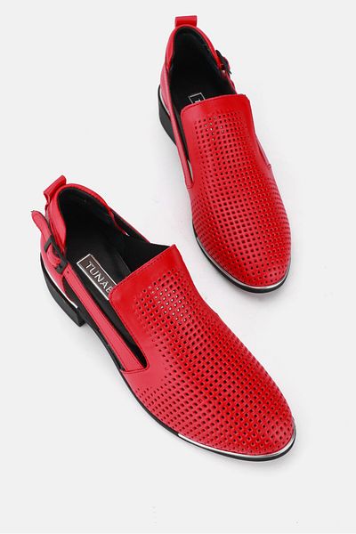 TUNAELLİ WOMEN'S RED GENUINE NATURAL LEATHER NUMBER 36-41 BUCKLE SHOES