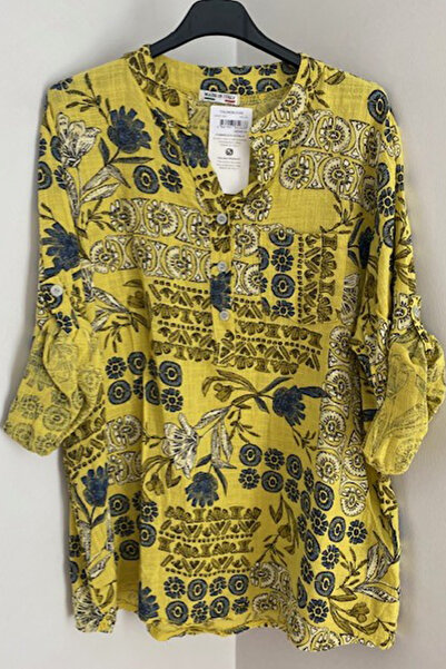 AYASOFYA OTANTIK Жіноча італійська блуза з жовтими ґудзиками, коміром-стійкою...