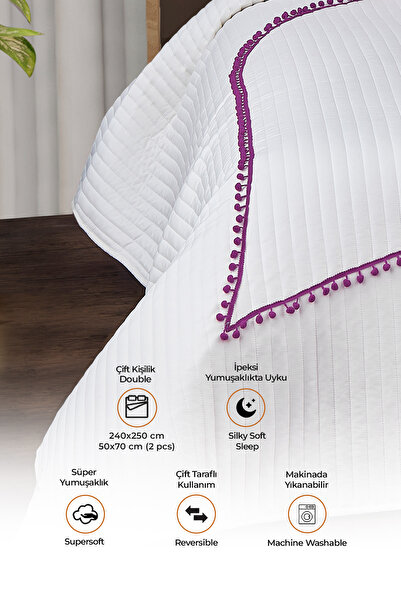 Evlen Home Collection Kalbim Ponponlu Yatak Örtüsü Seti Çift Kişilik Kapitone Pike Takımı Elyaf Dolgulu Krem-lila