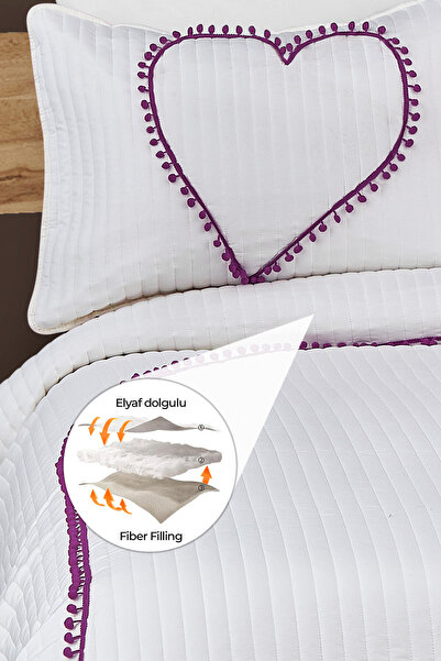 Evlen Home Collection Kalbim Ponponlu Yatak Örtüsü Seti Çift Kişilik Kapitone Pike Takımı Elyaf Dolgulu Krem-lila