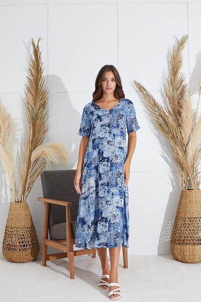 Sevim Rochie lungă bleumarin cu mânecă scurtă pentru femei C9T4N5O51