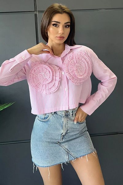 GÜLSELİ Cămașă de damă cu model de linie cu trandafir roz