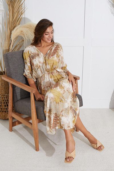 Sevim Rochie lungă cu model cu mânecă scurtă pentru femei C1T6N6O51