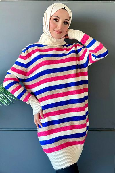 julude Stone Full Turtleneck Line Patterned Color Block Women's Hijab Knitwear Tunik