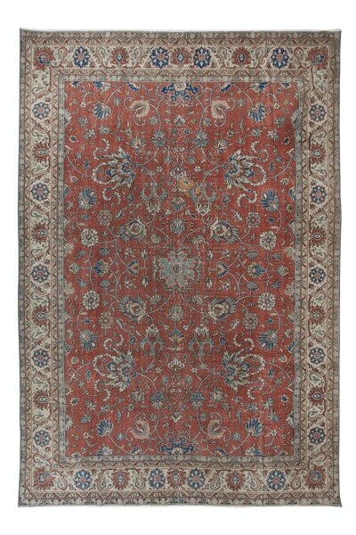 238x342 cm Botanik Desenli Kırmızı ve Bej Romantik Eski El Yapımı Türk Büyük Halısı