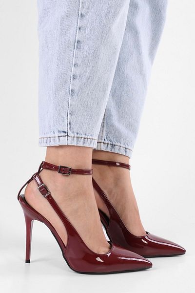 Shoeberry Women's Mila Claret Red Patent Leather Belted Ankle Stiletto