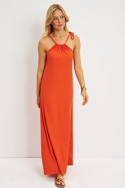 Cool & Sexy Women's Orange Halter Neck Wrap Midi Dress EY2788