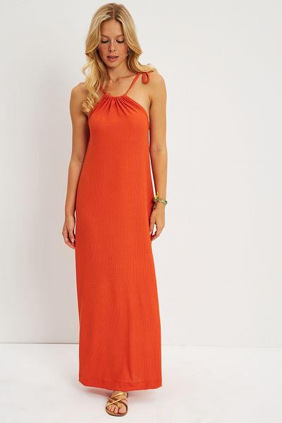 Cool & Sexy Women's Orange Halter Neck Wrap Midi Dress EY2788
