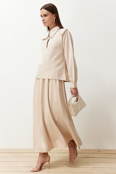 Trendyol Modest Bézs baba galléros szövött szövet felső és alsó szoknya tunika szett TCTSS24US00064