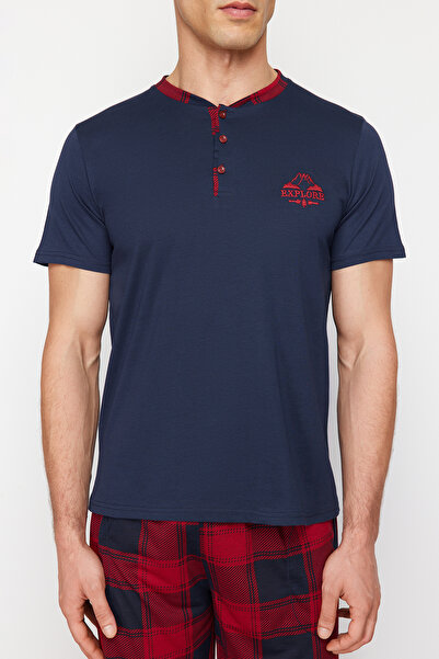 Trendyol Collection Pletená pyžamová souprava Navy Plaid - Regular Fit TMNSS24PT00037