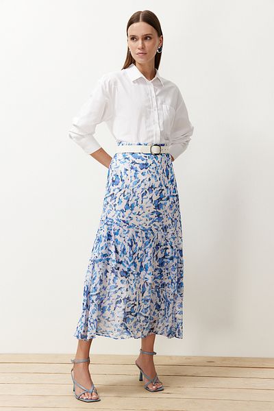 Trendyol Modest Fustă țesută cu căptușeală cu model animal albastru TCTAW24EE00020