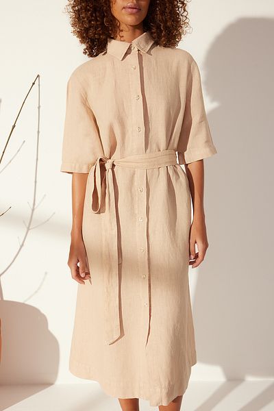 Trendyol Collection Béžové 100% lněné Maxi košilové šaty TWOSS24EL00664