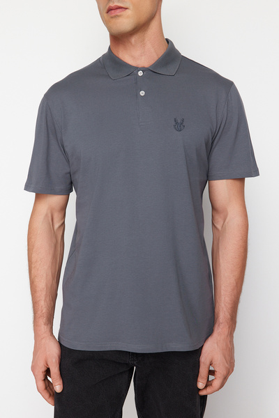 Trendyol Collection Anthracite Deer Patterned Polo Collar T-shirt - Regular Fit TMNSS24PO00027