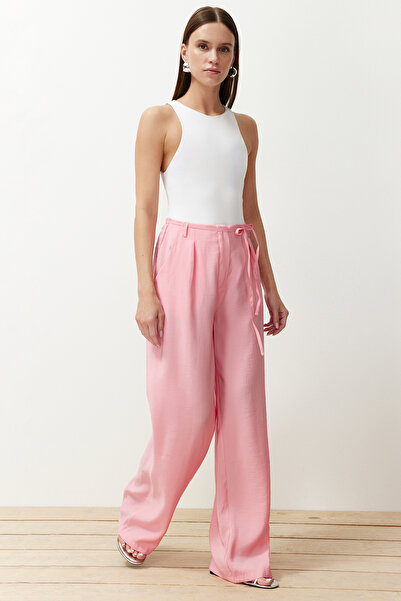 Trendyol Collection Pink Modal Content Thin Belted Pleated Wide Cut Wide Leg Woven Trousers TWOSS24PL00121