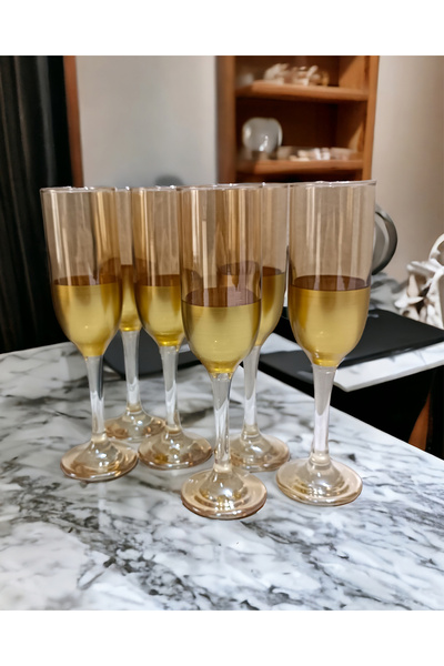 gkzglass home dekor New Year Tokyo Gold Lüster Ayaklı 6 Kişilik Flüt Kadeh Ta...