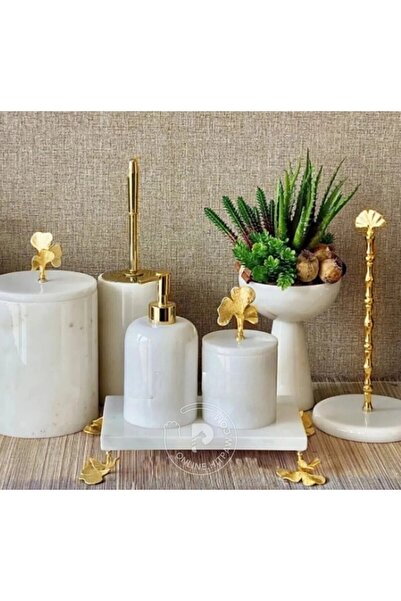 Genel Markalar BEYAZ MERMER GINKO AKSESUAR DETAYLI 6 Li BANYO SETİ (KASE DAHİ...