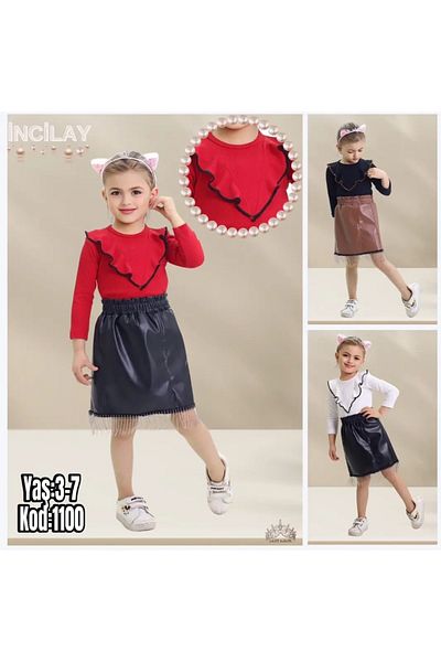İncilay Red Embroidered Badi Suit with Leather Skirt