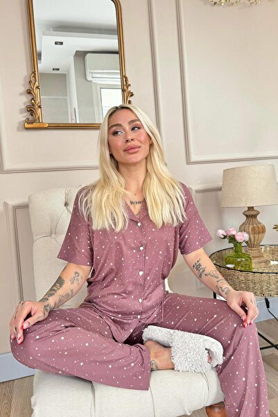 Pijamaevi Koyu Pembe Mini Yıldız Desenli Bambu Önden Düğmeli Kısa Kol Pijama Takımı