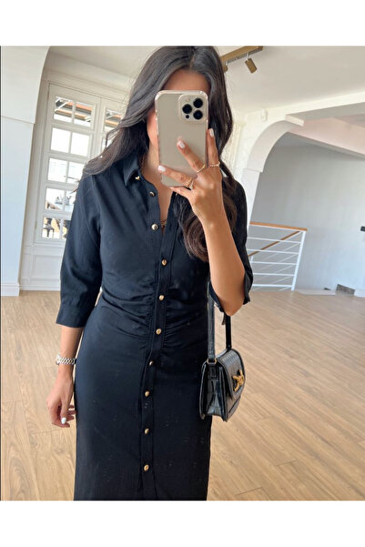 zeyDROP GOLD DÜĞMELİ ÖNÜ DRAPELİ ELBİSE