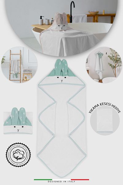 Elele EleleLife Bagno Cotton Hooded Baby Bath Towel Swaddle with Rabbit Figure 90x90 cm Mint