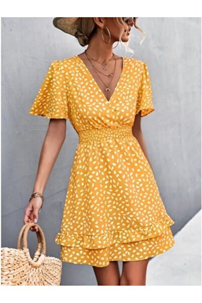 Modaadresiniz White Sandy Dress - Short Sleeve, Double Breasted Collar, Elast...