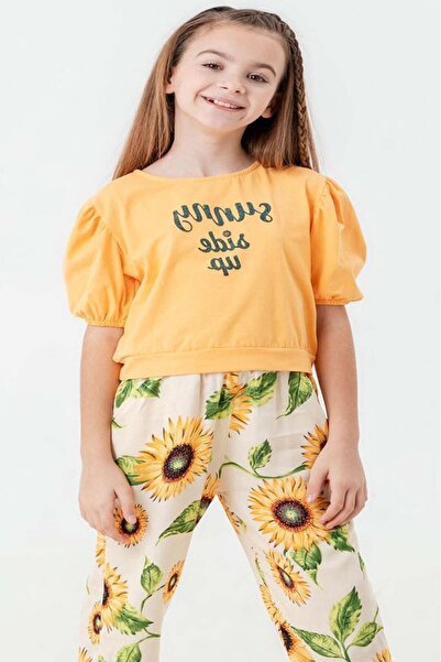 Riccotarz Girl's Sun Flower Patterned Sweatpants and Text Printed Orange Sweatpants Set