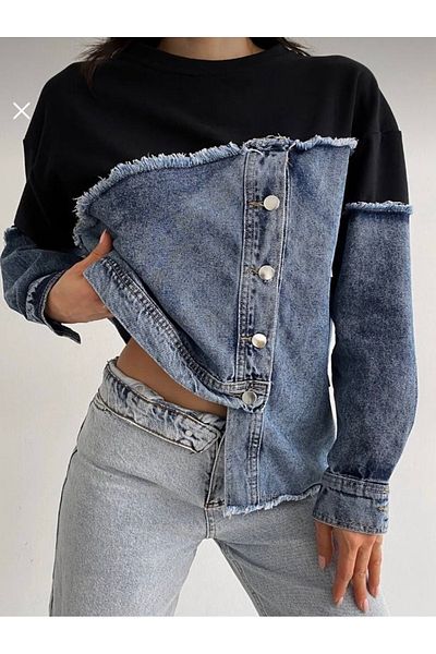Cardella Blugi de denim asimetrici, cu nasturi, cu design detaliat, hanorac negru pentru femei
