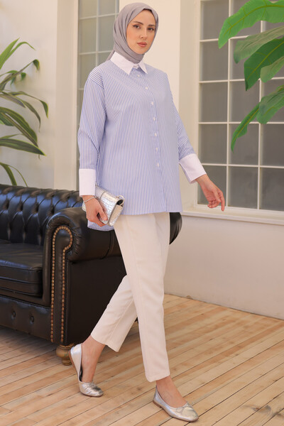 benguen 715 Striped Cuff Detailed Shirt Blue