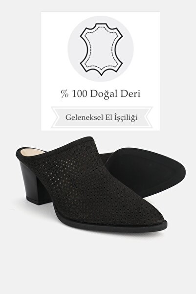 TUNAELLİ WOMEN'S BLACK SUEDE GENUINE LEATHER HEELED FRONT CLOSED SABO SLIPPERS