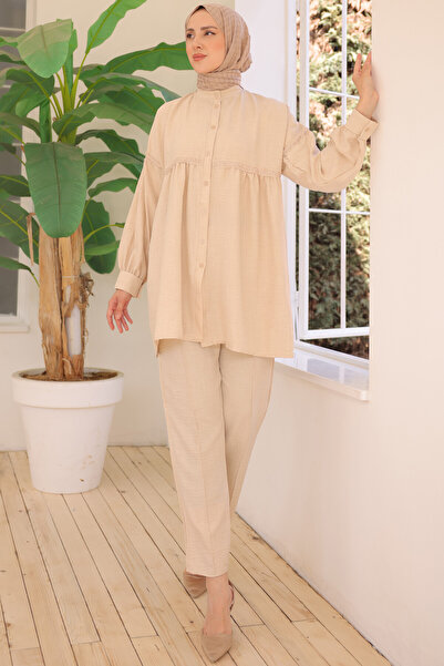benguen 3350 Front Buttoned Double Set Beige