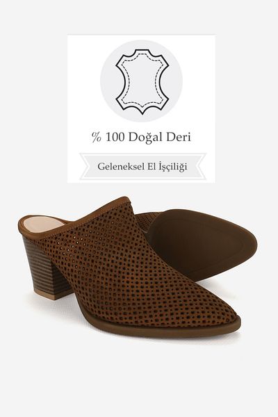 TUNAELLİ WOMEN'S TAN SUEDE GENUINE LEATHER HEELED FRONT CLOSED SABO SLIPPERS