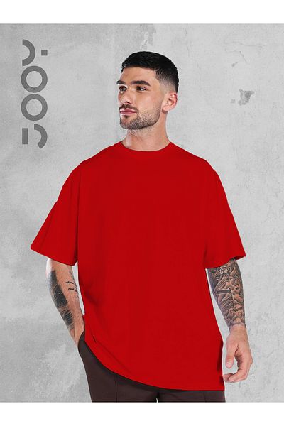 Jooy Company Red Oversize Wide Fit Plain Unprinted Basic T-shirt